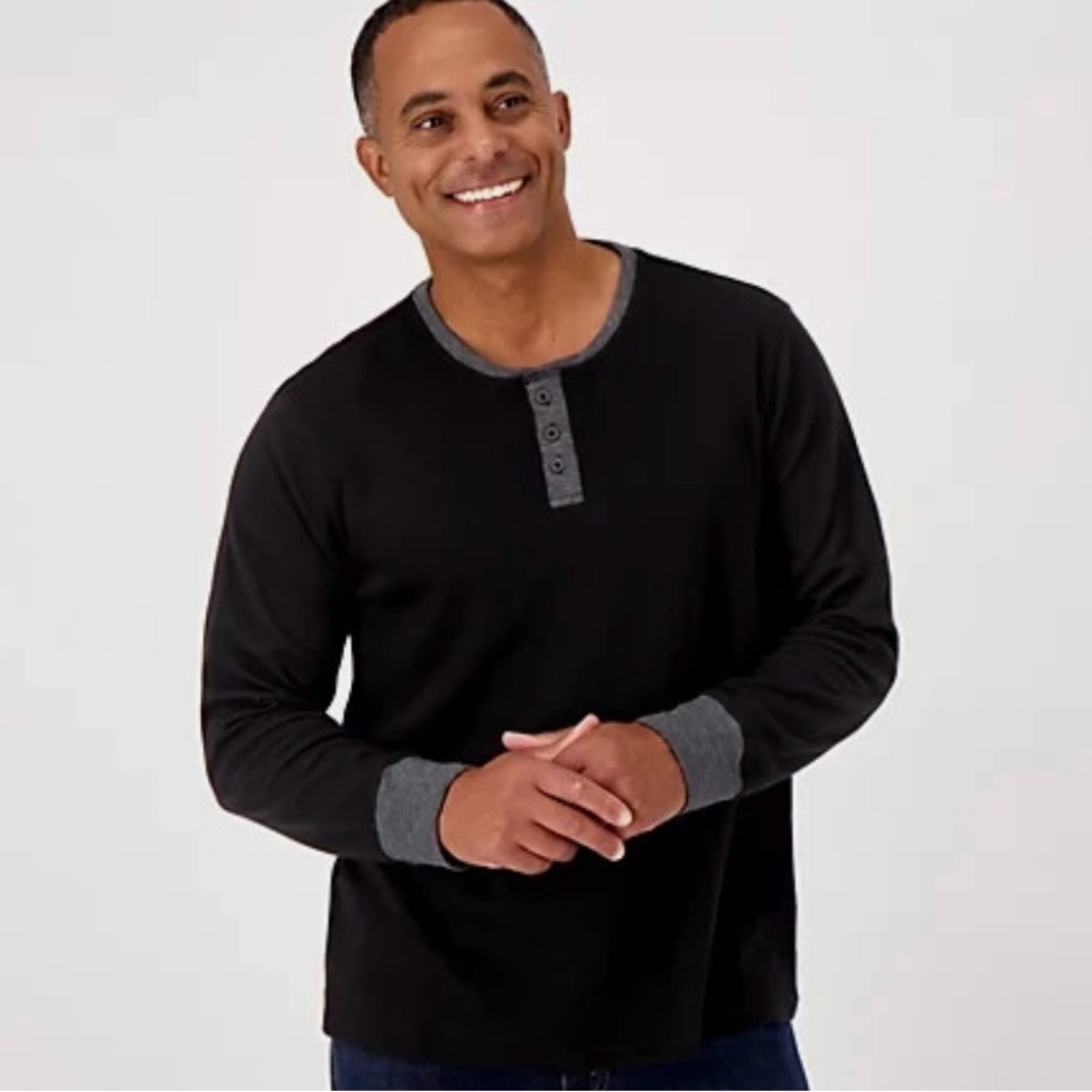 Cuddl Duds Men’s Double Jersey Henley Black. XXL